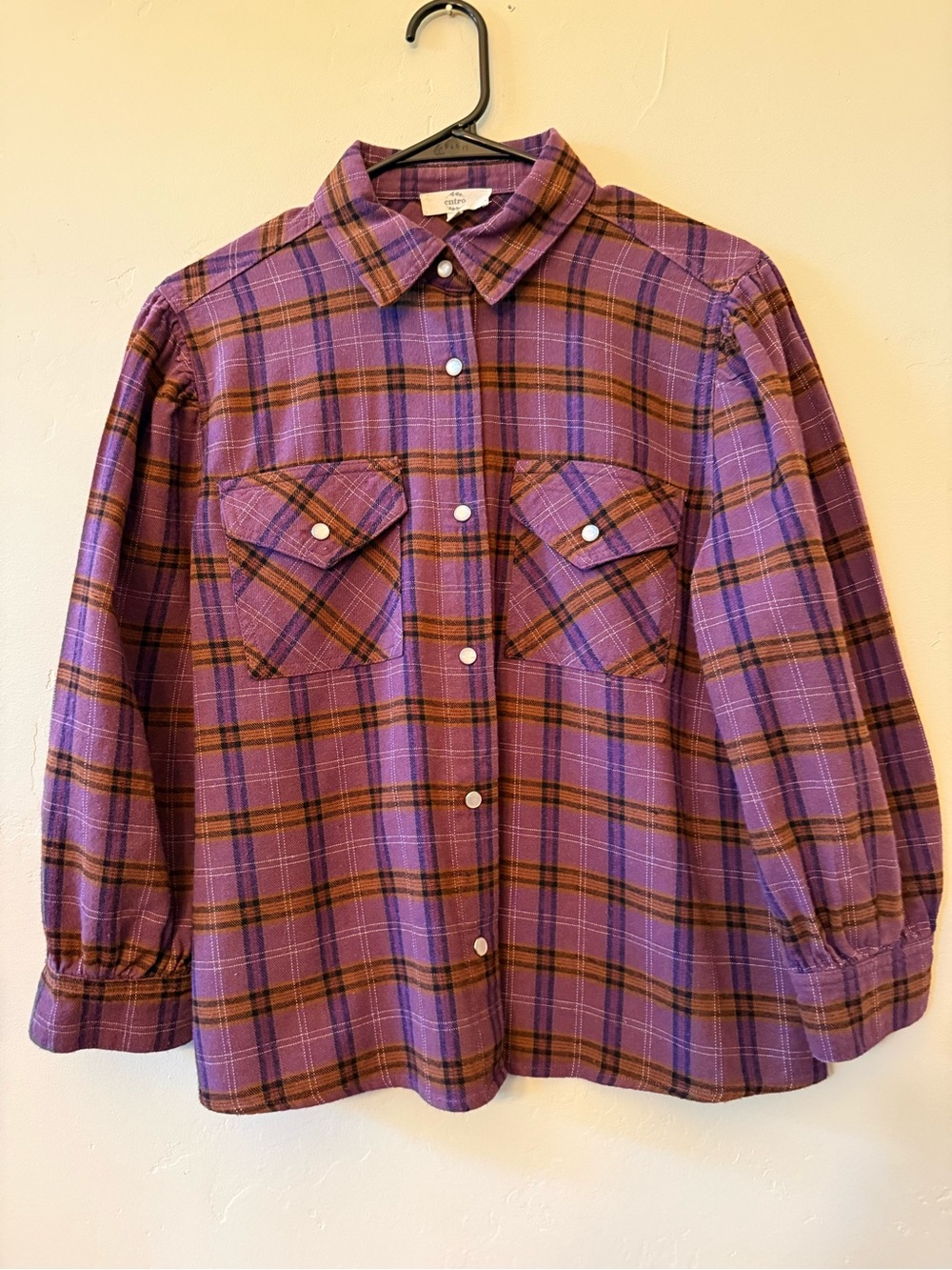 Intro Purple Plaid Puff Sleeve Button Down Flannel Shirt - Medium